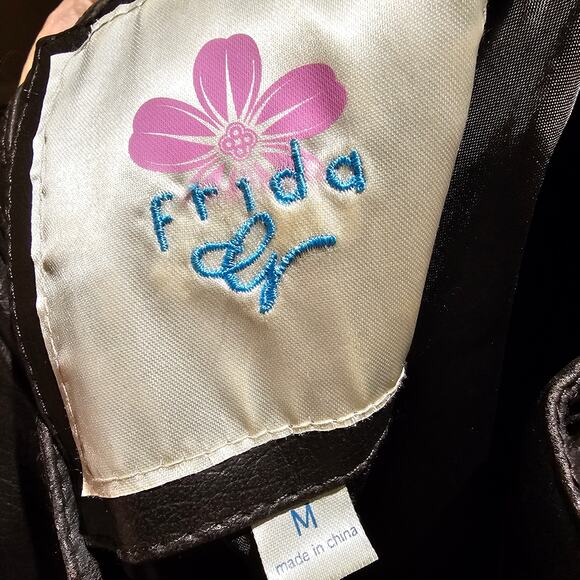 Freda M Brown Faux Leather Moto Jacket Gold Zip Pockets Vegan PVC Lined - Picture 10 of 13